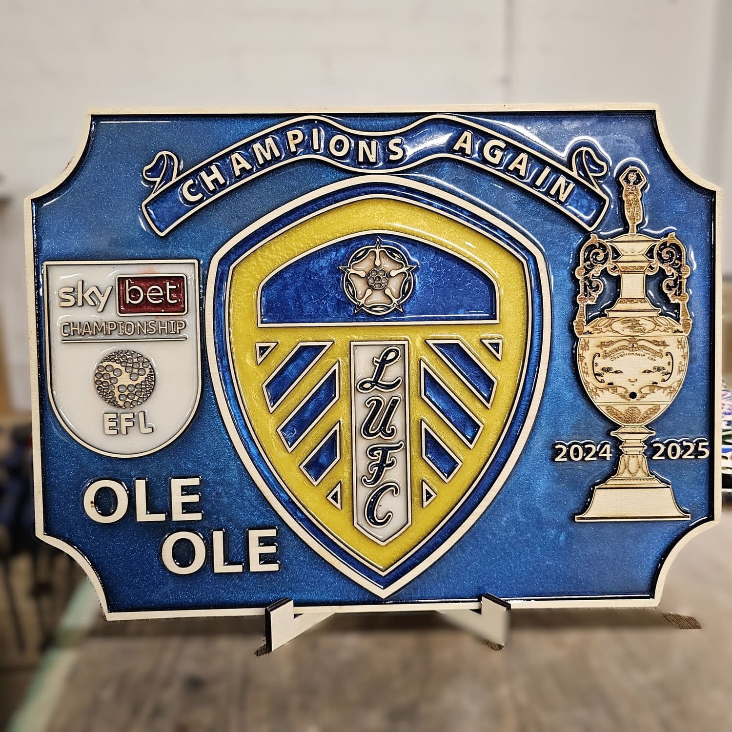 New Leeds United F.C. 2025 EFL Champions Wooden and Resin Crest
